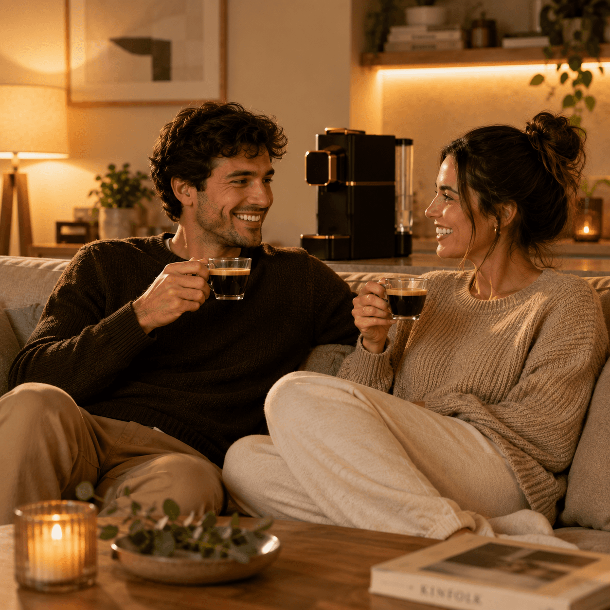 Pareja disfrutando café de especialidad en casa